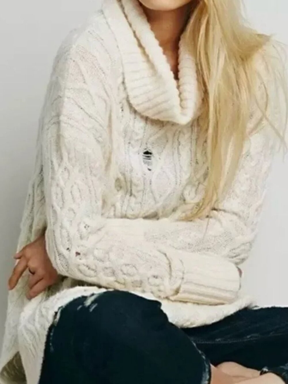 Free People EUC Cozy Cable Knit Cowl Neck Sweater - Cream